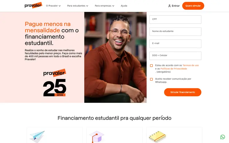 Página inicial do Pravaler com proposta de financiamento estudantil